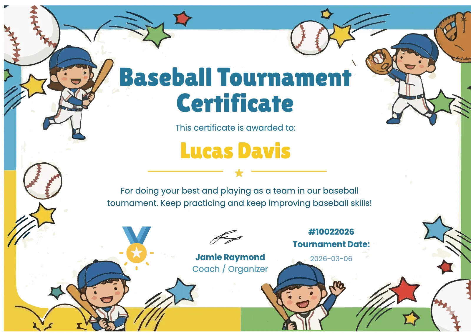 Baseball Tournament Certificate - Free Kids Certificate Template