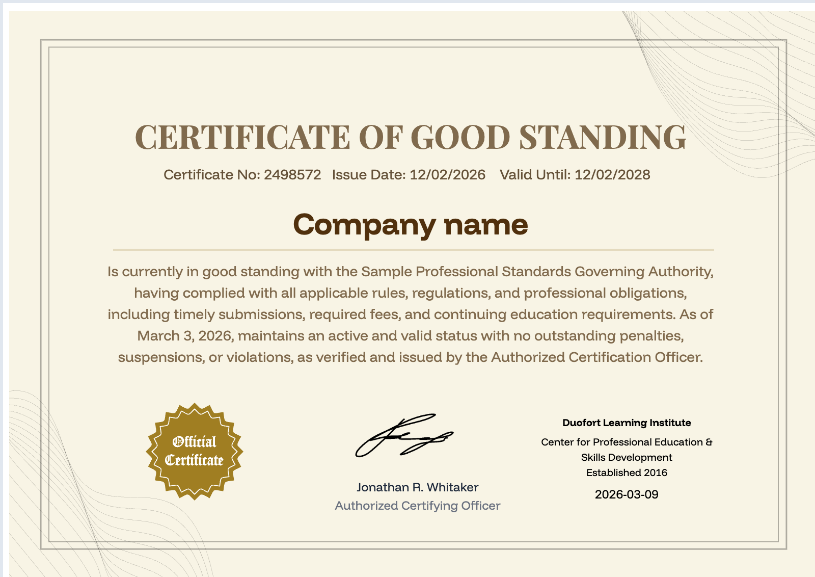 Certificate of Good Standing - Free Professional Certificate Template